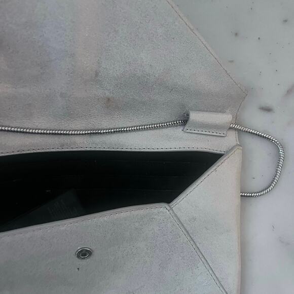 Allsaints Metallic Silver Clutch Handbag Crossbody Metal Strap Leather Logo - Picture 6 of 6